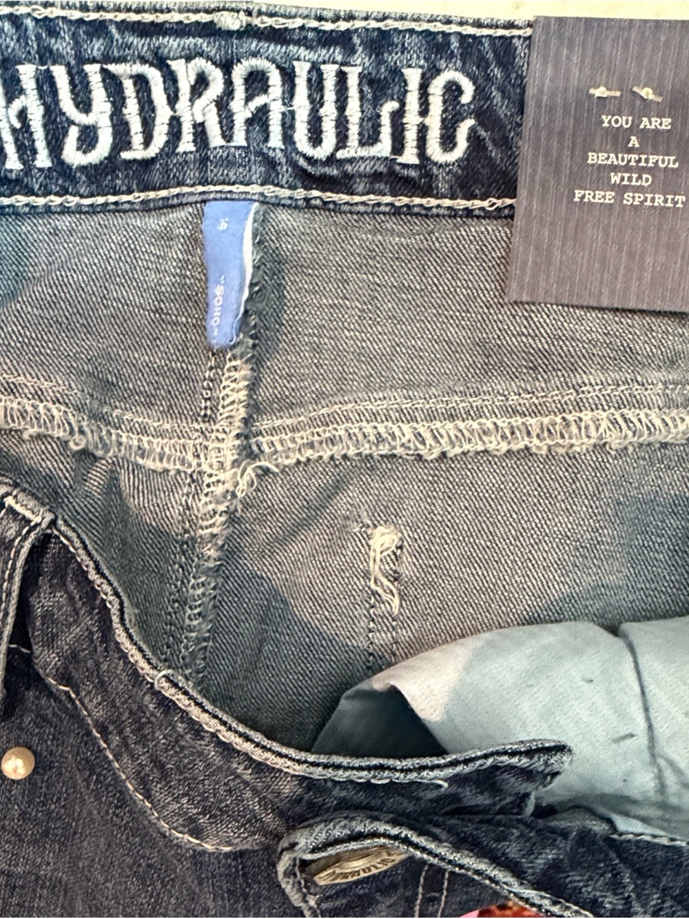 NWT Hydraulic Soho High Rise Dark Blue Pearl-Embellished Denim Mini Skirt Sz 14 - Picture 8 of 8